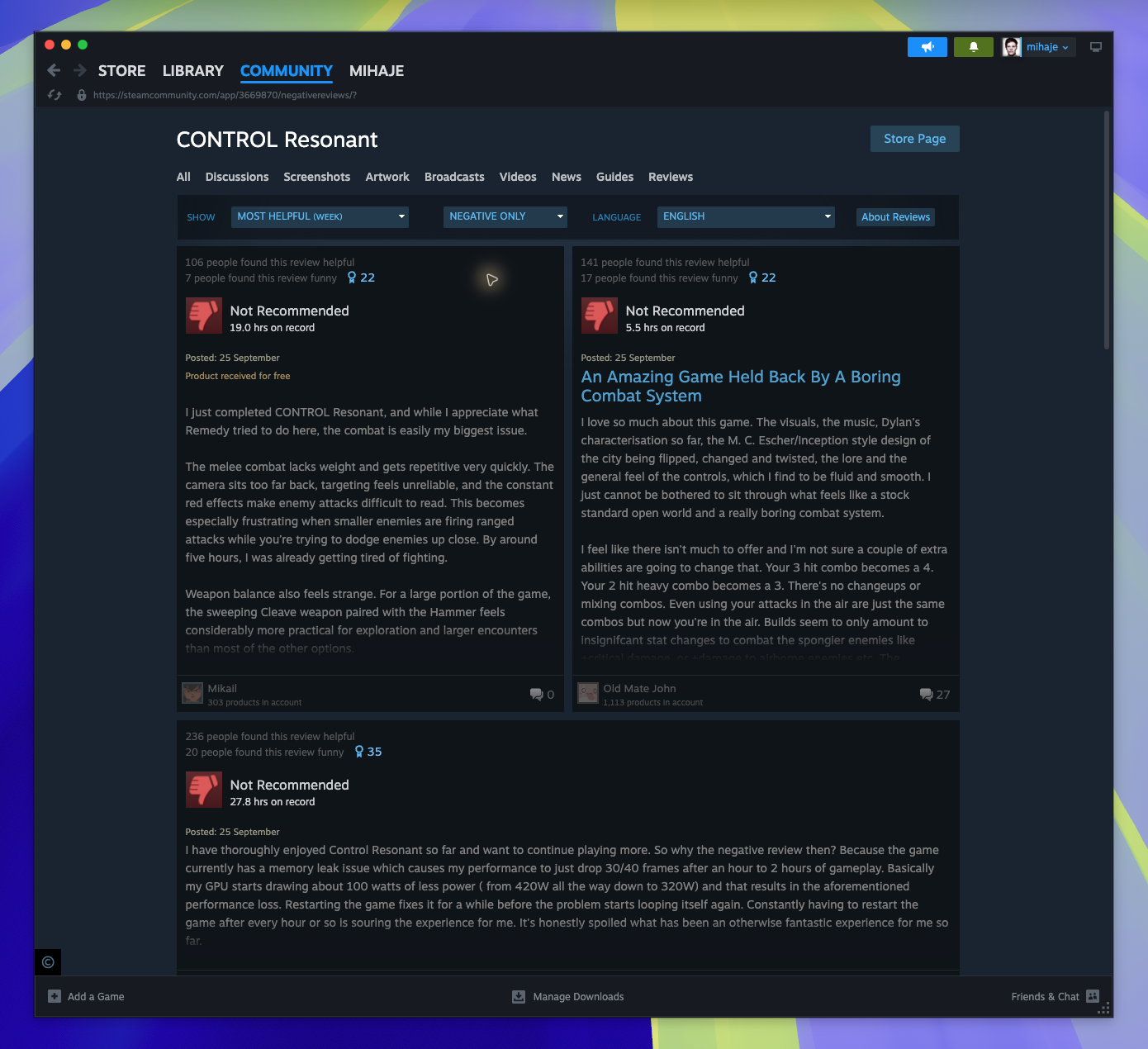Community Hub — Browse Negative Reviews (Captured)