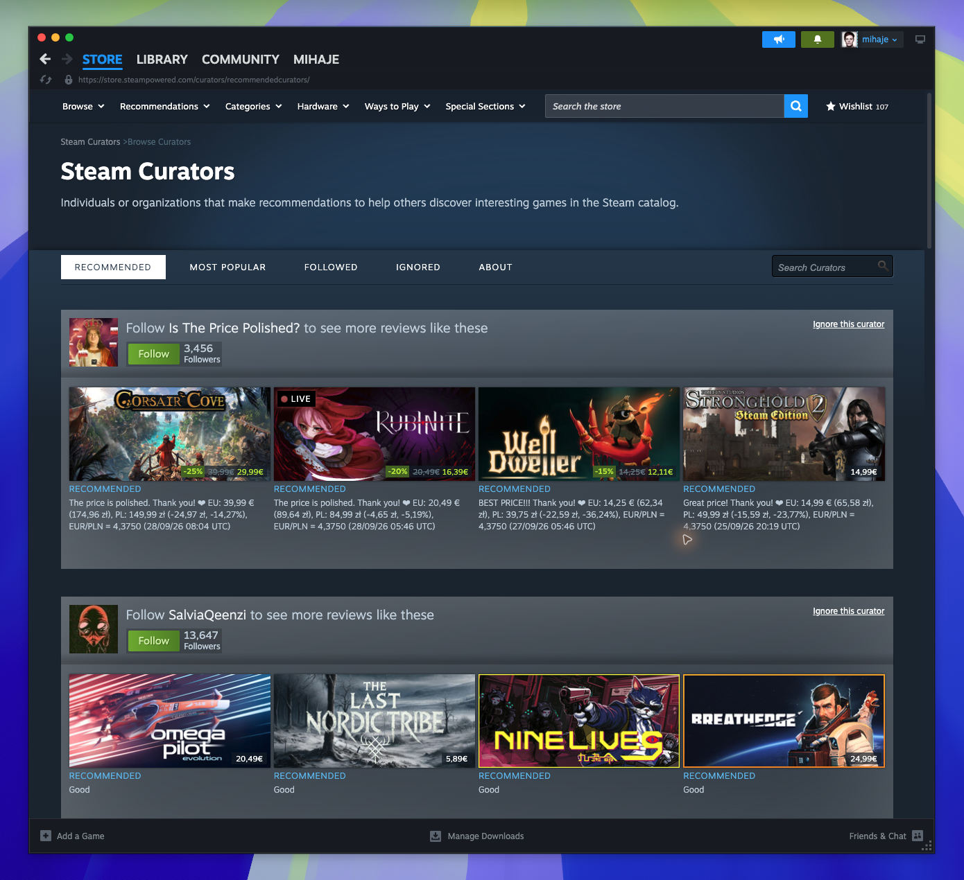 Curator or Developer Homepage — Recommended by a Suggested Curator (Candidate match)