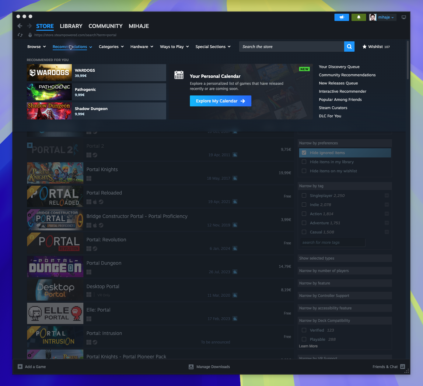 Store Main Menu — Recommendations submenu (Captured)